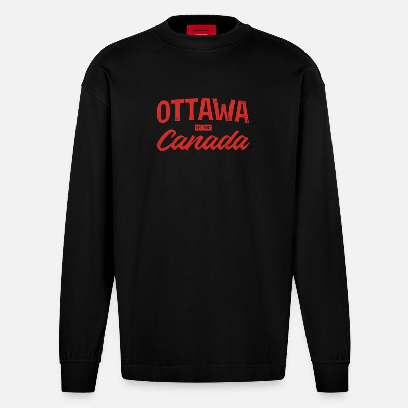 Ottawa Canada Retro Script Rouge - Manches longues bio épais oversize fabriqué en UE - SOLID BLACK