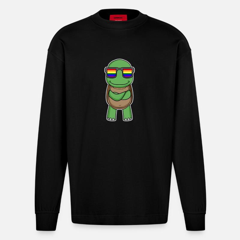 Regenbogen - Schildkröte mit Brille - Heavyweight Oversized Organic Langarmshirt Made in EU - SOLID BLACK