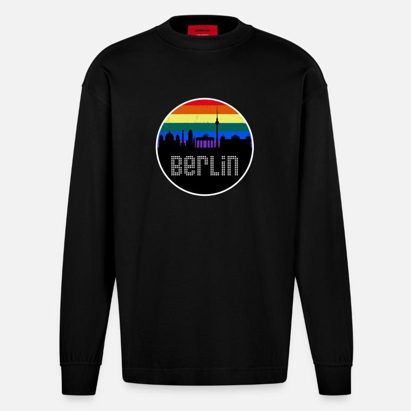 Berlin Skyline Regenbogen - Heavyweight Oversized Organic Langarmshirt Made in EU - SOLID BLACK