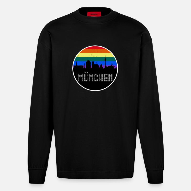München Skyline Regenbogen - Heavyweight Oversized Organic Langarmshirt Made in EU - SOLID BLACK