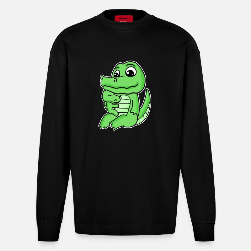 Famille Crocodile - Crocodile avec bébé - Manches longues bio épais oversize fabriqué en UE - SOLID BLACK