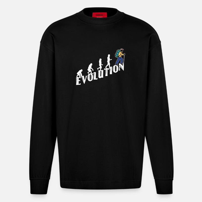 Evolution Wanderer Wandern Wanderung Bergwanderung - Heavyweight Oversized Organic Langarmshirt Made in EU - SOLID BLACK