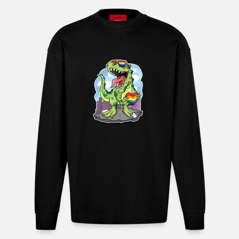 Dino Regenbogen Herz Dinosaurier - Heavyweight Oversized Organic Langarmshirt Made in EU - SOLID BLACK