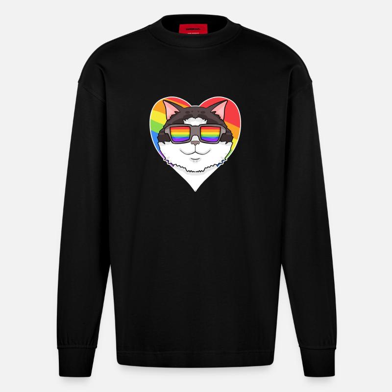Rainbow - Cat Ragdoll avec lunettes et coeur - Manches longues bio épais oversize fabriqué en UE - SOLID BLACK