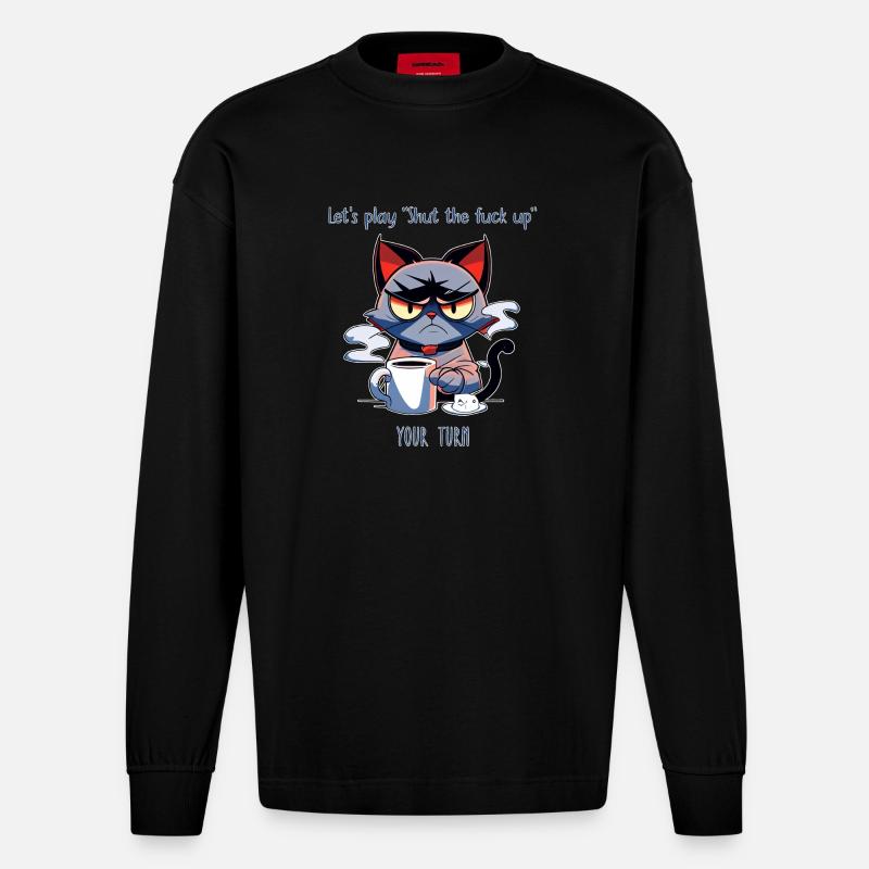 Grimmige Katze Kaffee Sarkasmus Spruch - Heavyweight Oversized Organic Langarmshirt Made in EU - SOLID BLACK
