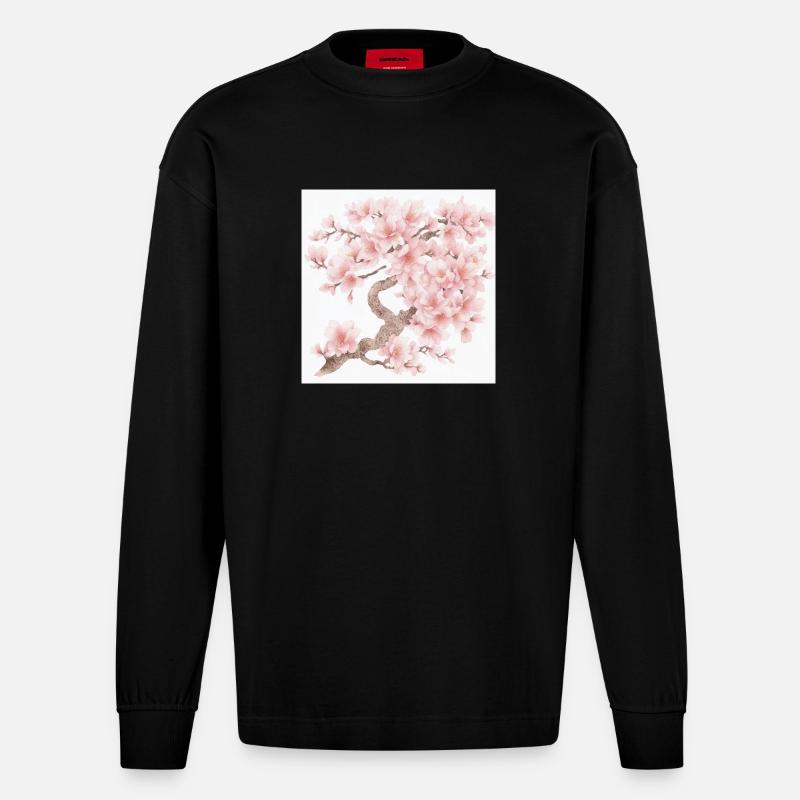 Japanischer Kirschbaum Blüten - Heavyweight Oversized Organic Langarmshirt Made in EU - SOLID BLACK