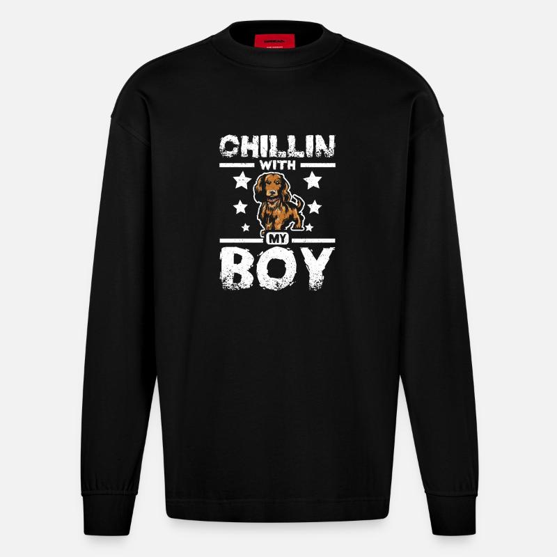 chillin avec mon teckel garçon - Manches longues bio épais oversize fabriqué en UE - SOLID BLACK