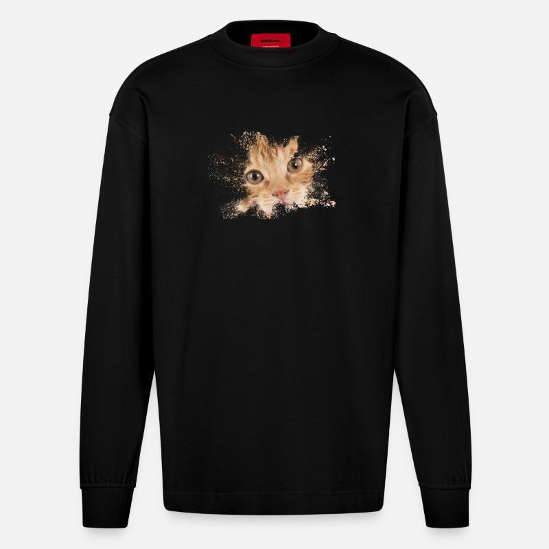 Orangene Katze mit Aquarellspritz - Heavyweight Oversized Organic Langarmshirt Made in EU - SOLID BLACK
