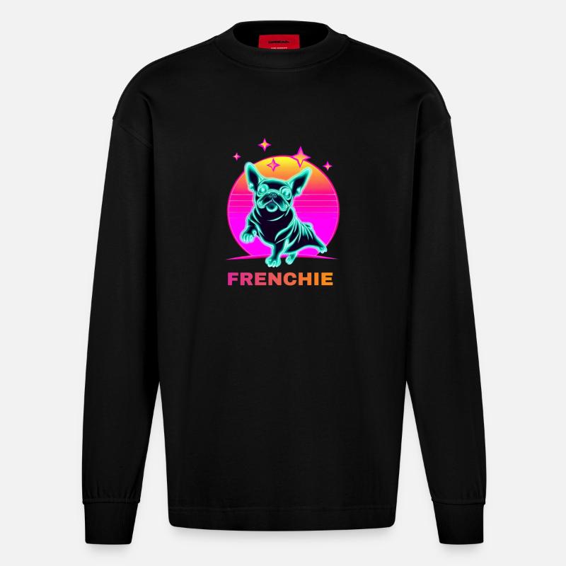 Französiche Bulldogge Synthwave Frenchie - Heavyweight Oversized Organic Langarmshirt Made in EU - SOLID BLACK