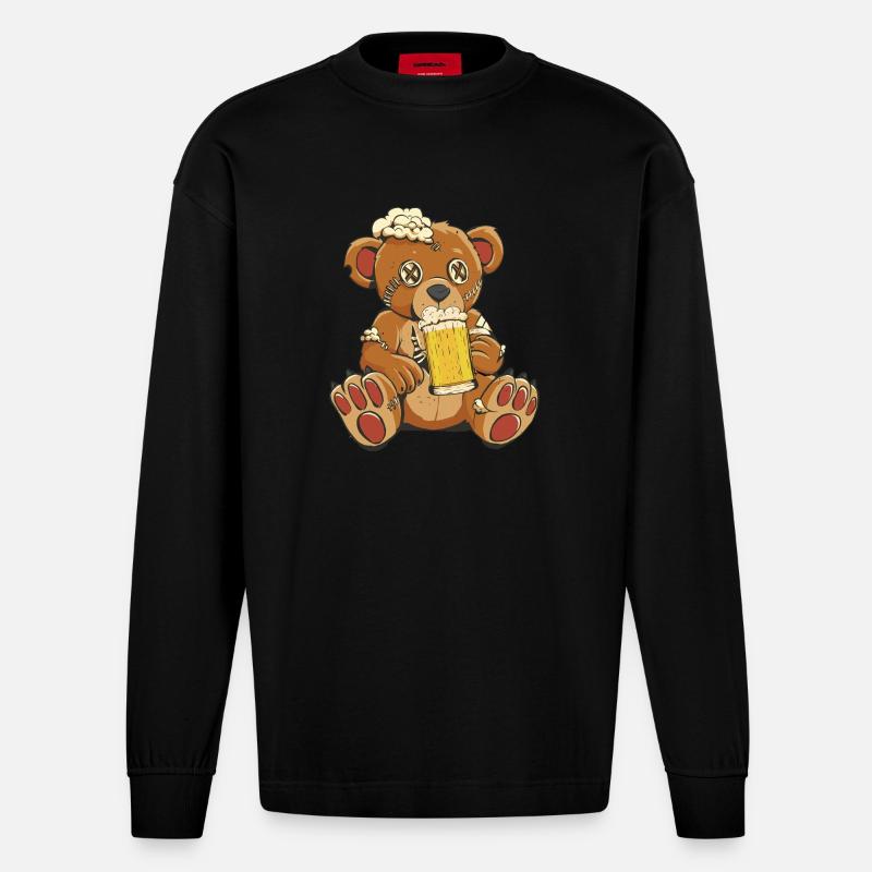 Genähter Biertrinker Bär Bärchen - Heavyweight Oversized Organic Langarmshirt Made in EU - SOLID BLACK