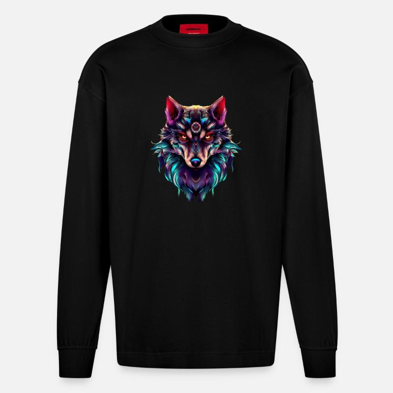 Wolfskopf Synthwave Wolf - Heavyweight Oversized Organic Langarmshirt Made in EU - SOLID BLACK