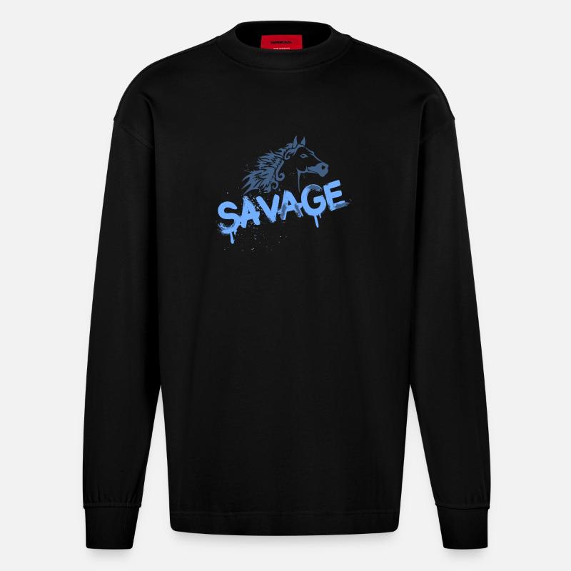 Conception de graffiti de cheval sauvage - Manches longues bio épais oversize fabriqué en UE - SOLID BLACK
