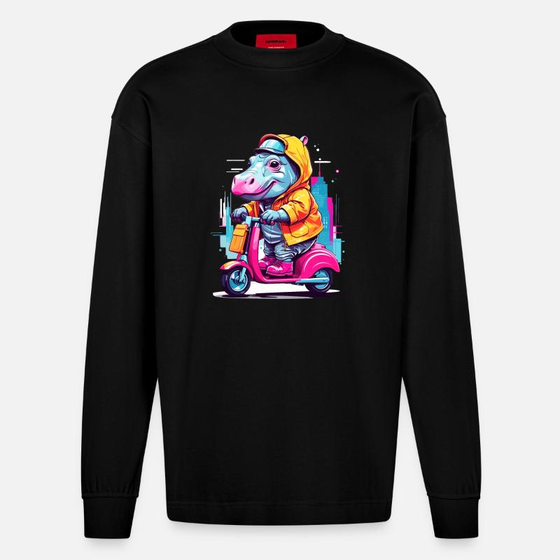 Nilpferd auf Roller - Heavyweight Oversized Organic Langarmshirt Made in EU - SOLID BLACK