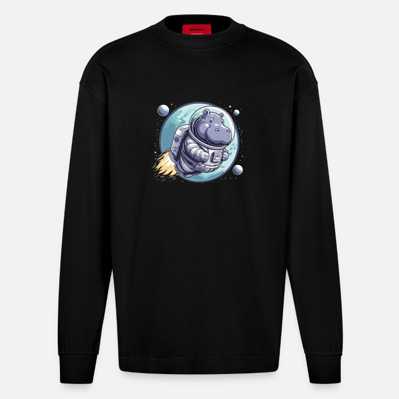 Hippopotame astronaute spatial - Manches longues bio épais oversize fabriqué en UE - SOLID BLACK