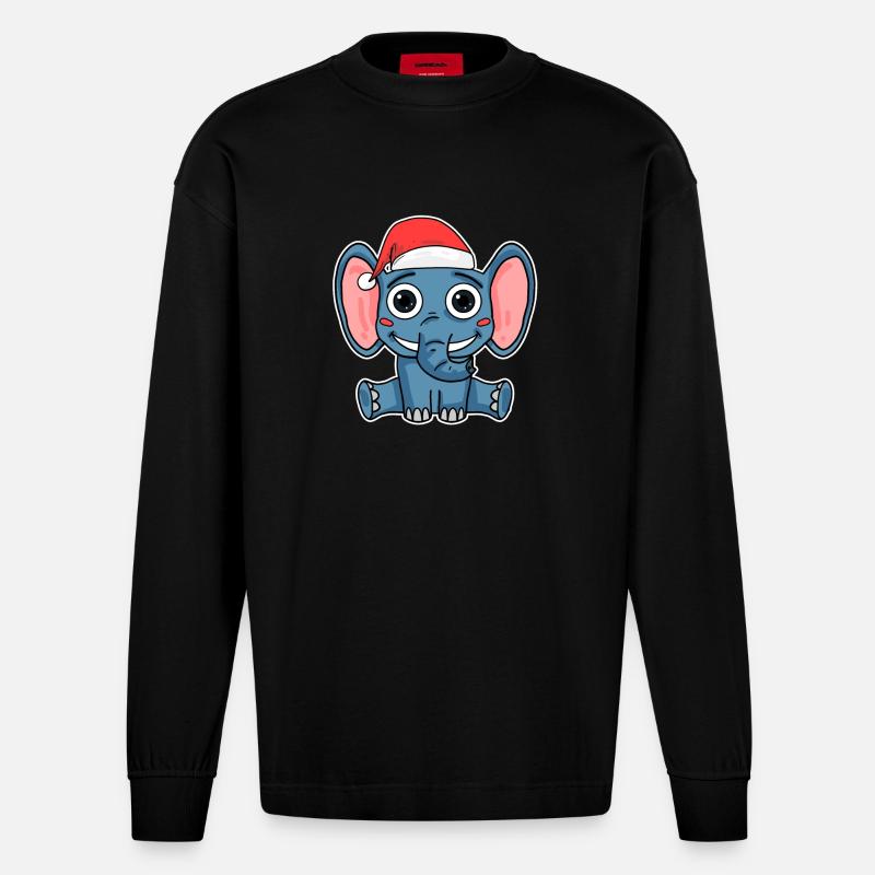 Noël éléphant - Manches longues bio épais oversize fabriqué en UE - SOLID BLACK