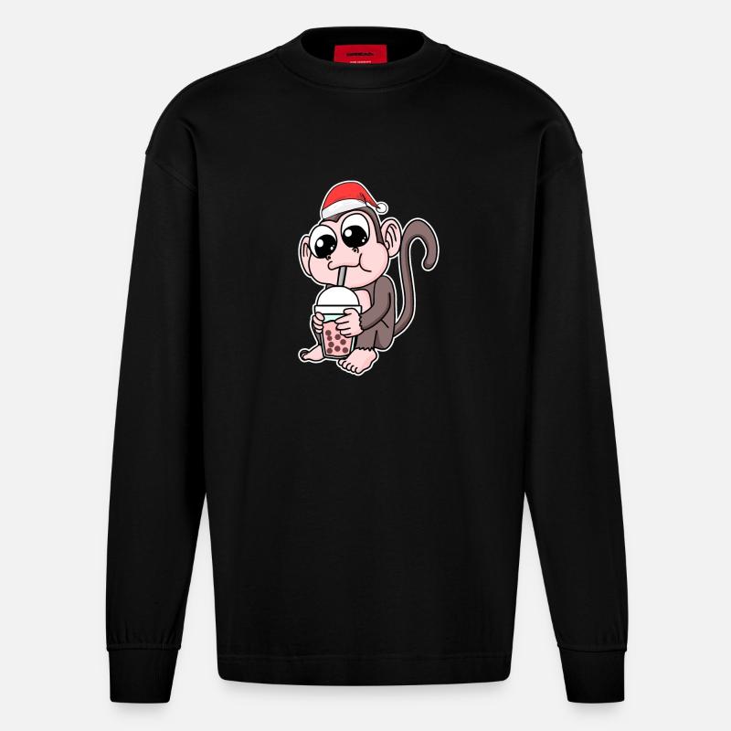 Affe Weihnachten Bubble Tea - Heavyweight Oversized Organic Langarmshirt Made in EU - SOLID BLACK
