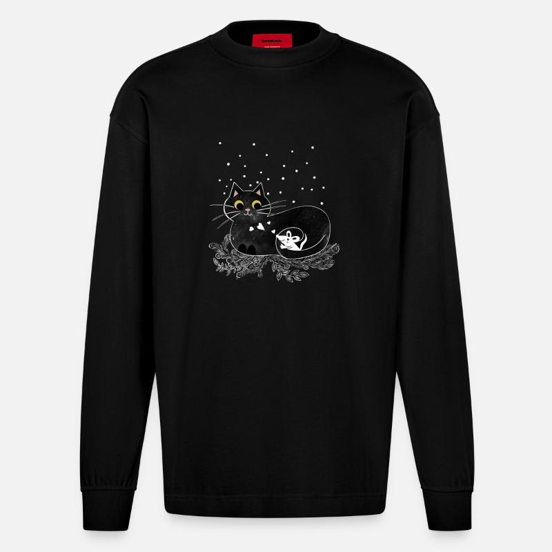 Katze Maus Winter Illustration - Heavyweight Oversized Organic Langarmshirt Made in EU - SOLID BLACK