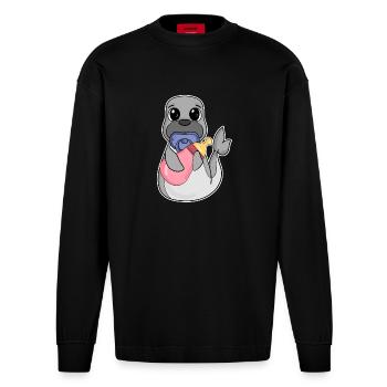 Motif bébé lion de mer - Manches longues bio épais oversize fabriqué en UE - SOLID BLACK - Devant