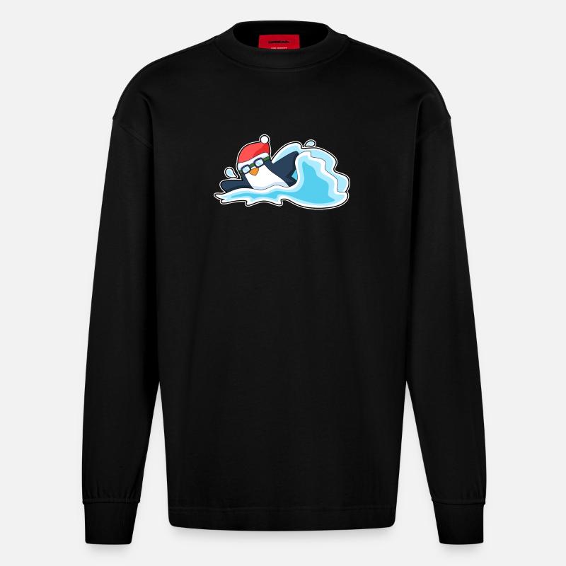 Pingouin Noël baignade - Manches longues bio épais oversize fabriqué en UE - SOLID BLACK