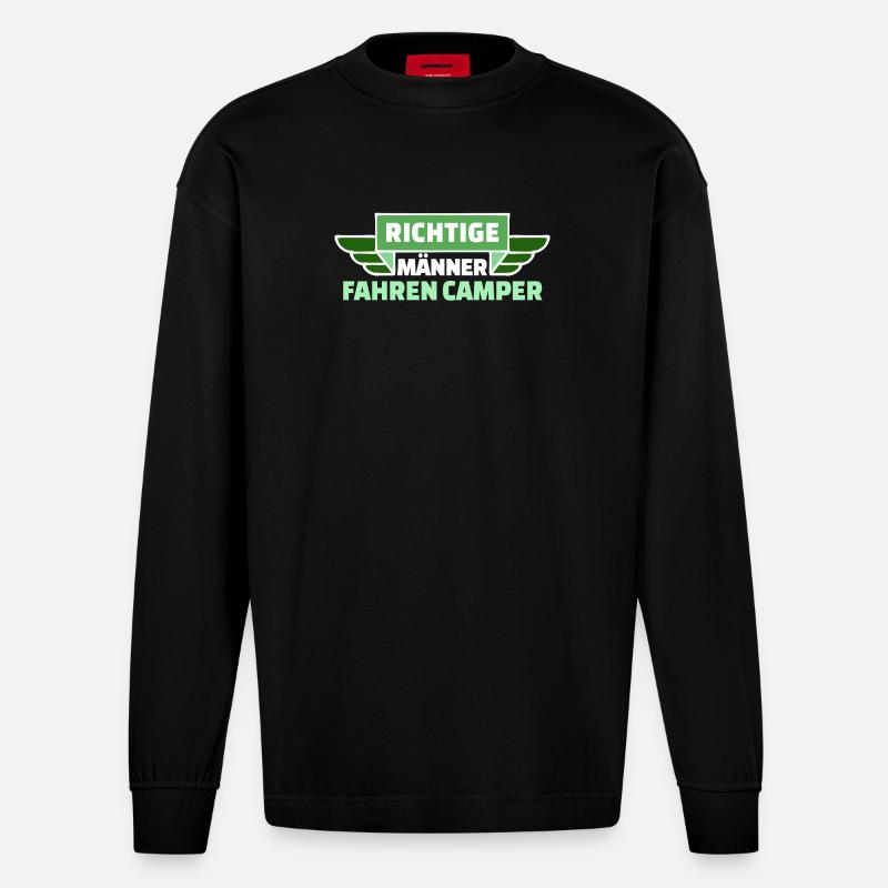 Camping Wanderer Camper Wanderlust Statement - Heavyweight Oversized Organic Langarmshirt Made in EU - SOLID BLACK