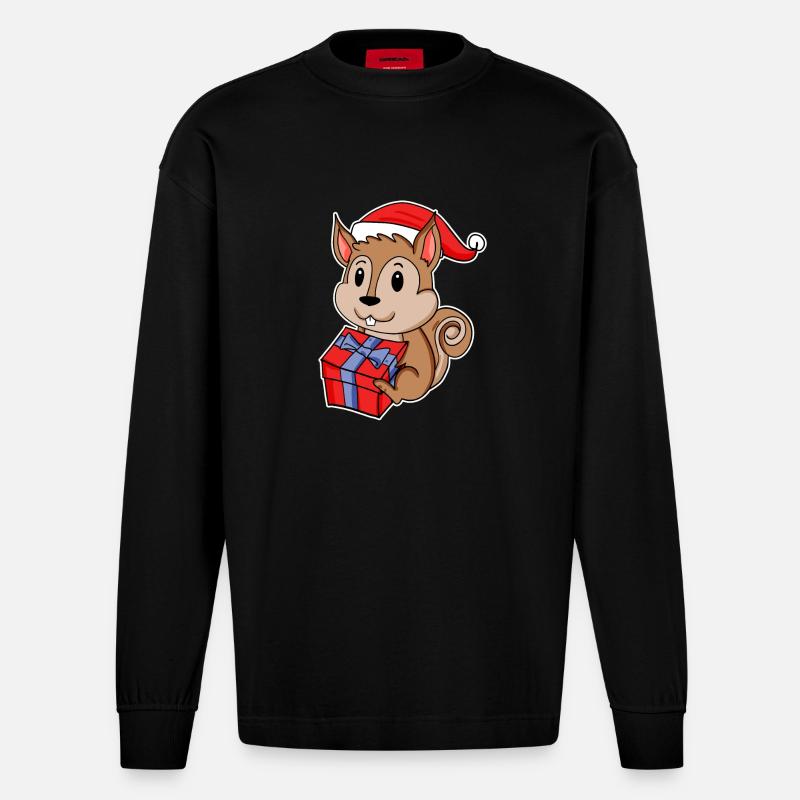Eichhörnchen mit Weihnachtsmütze - Heavyweight Oversized Organic Langarmshirt Made in EU - SOLID BLACK
