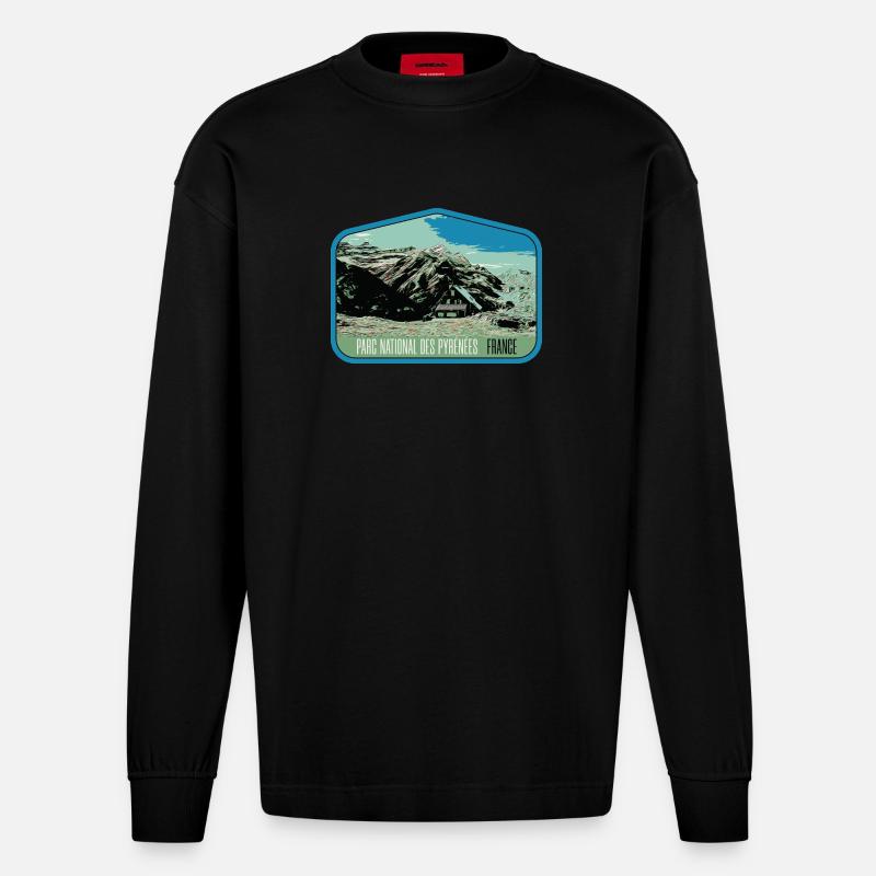 Pyrenäen-Landschafts-Wappenschild: Authentische Natur - Heavyweight Oversized Organic Langarmshirt Made in EU - SOLID BLACK
