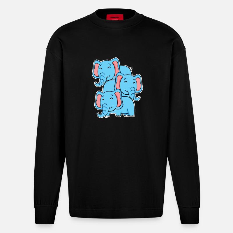 Éléphant mignon - Motif d’éléphant - Manches longues bio épais oversize fabriqué en UE - SOLID BLACK