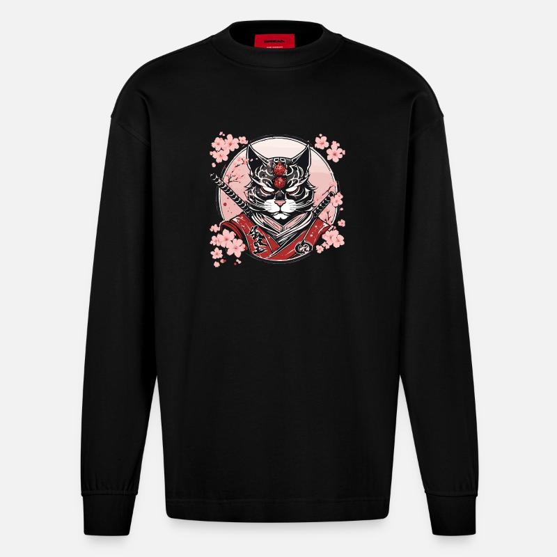 Dämonischer Kawaii Neko Samurai : Katzen-Samurai - Heavyweight Oversized Organic Langarmshirt Made in EU - SOLID BLACK