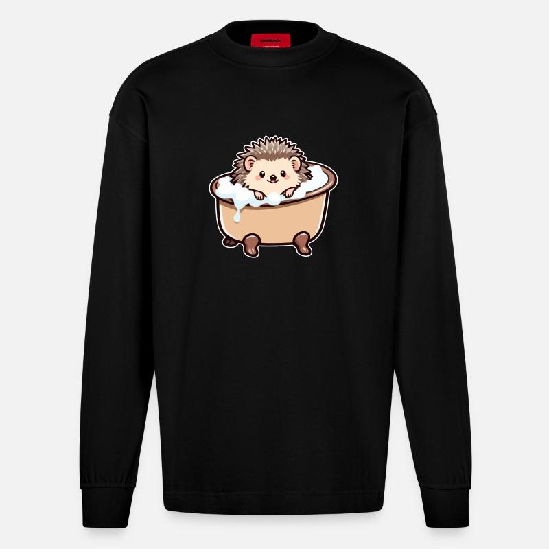 Hérisson mignon dans la baignoire - Manches longues bio épais oversize fabriqué en UE - SOLID BLACK