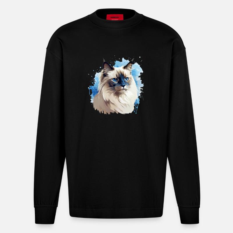 Tête de chat sacré Birman - Manches longues bio épais oversize fabriqué en UE - SOLID BLACK