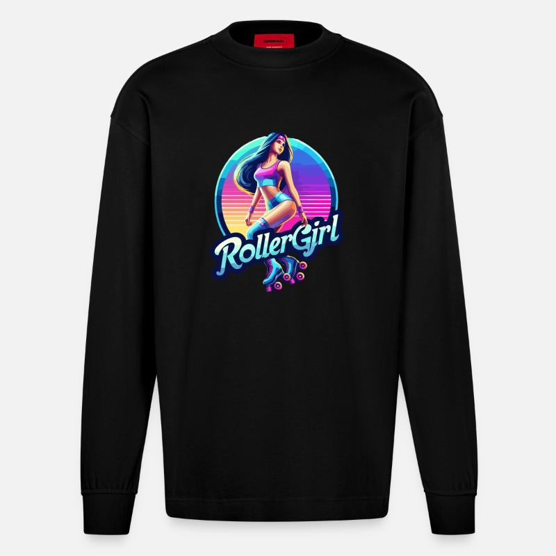 Lebendige Retro-Roller-Mädchen-Illustration - Heavyweight Oversized Organic Langarmshirt Made in EU - SOLID BLACK