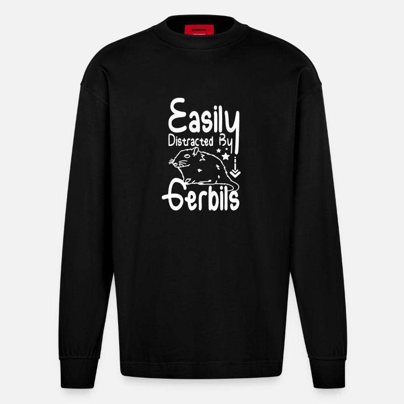 Facilement distrait par les gerbilles - Manches longues bio épais oversize fabriqué en UE - SOLID BLACK
