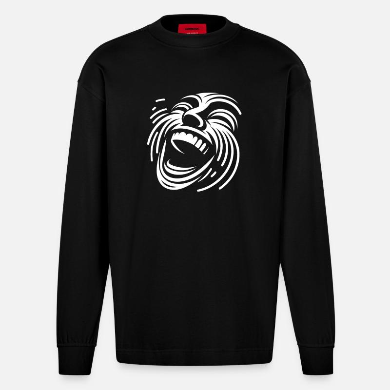Lachendes Liniengesicht Muster - Heavyweight Oversized Organic Langarmshirt Made in EU - SOLID BLACK