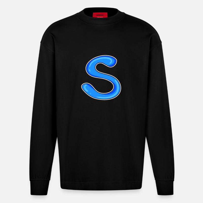 Buchstabe S Anfangsbuchstabe - Heavyweight Oversized Organic Langarmshirt Made in EU - SOLID BLACK