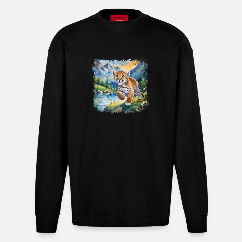 Niedlicher junger Tiger | Kinderbuchstil - Heavyweight Oversized Organic Langarmshirt Made in EU - SOLID BLACK