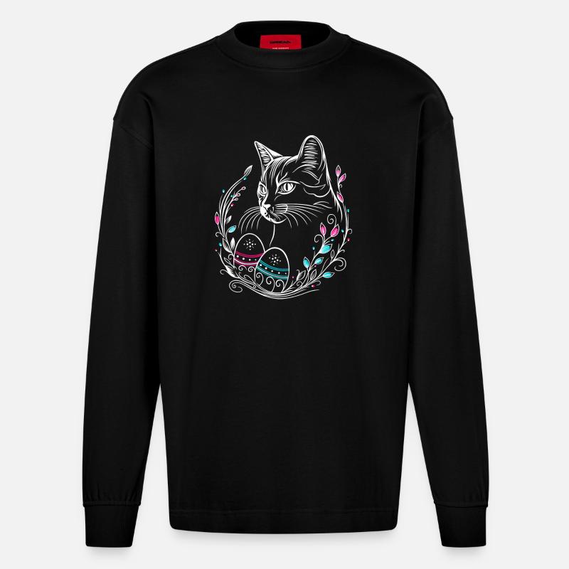 Katze Ostern Ostereier Easter Cat - Heavyweight Oversized Organic Langarmshirt Made in EU - SOLID BLACK