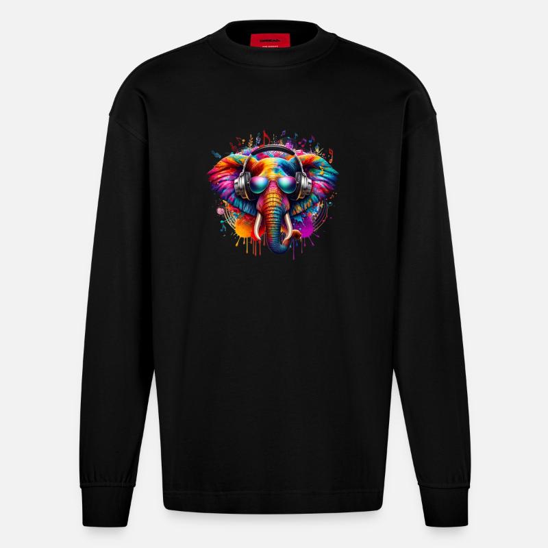 Bunter Elefant mit Kopfhörern - Heavyweight Oversized Organic Langarmshirt Made in EU - SOLID BLACK