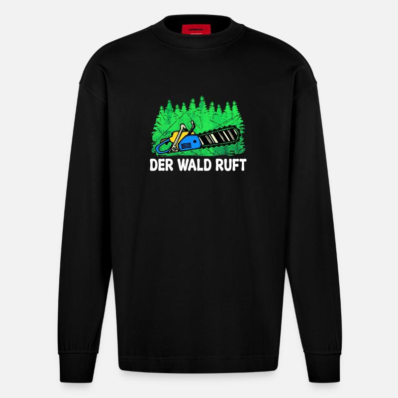 Lumberjack Chainsaw Tree Statement Lumberjack - Heavyweight Oversized Organic Longsleeve Shirt Made in EU - SOLID BLACK