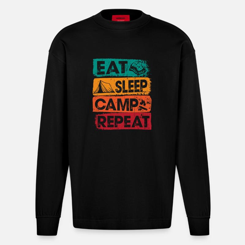 Eat Sleep Camp Repeat im Freien - Heavyweight Oversized Organic Langarmshirt Made in EU - SOLID BLACK