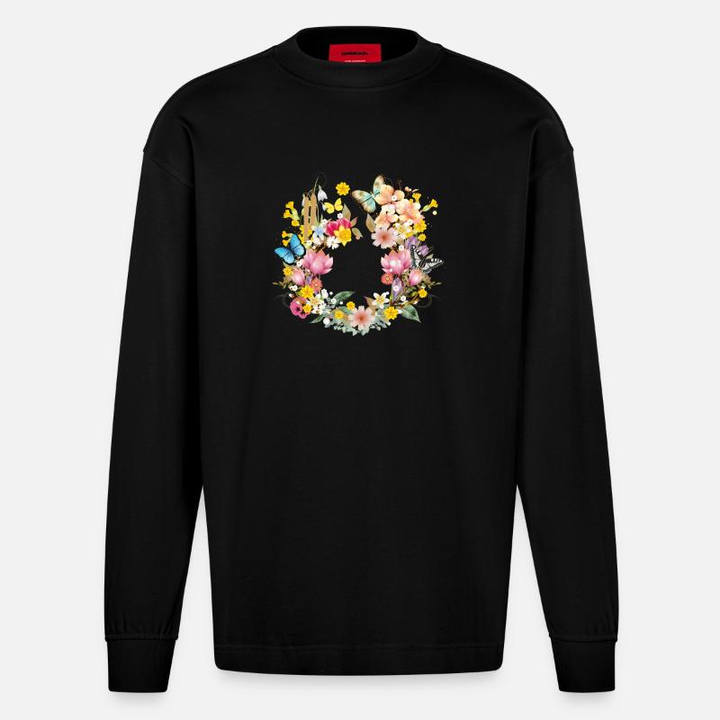frühlingshafte bunte Blüten & Schmetterlinge - Heavyweight Oversized Organic Langarmshirt Made in EU - SOLID BLACK