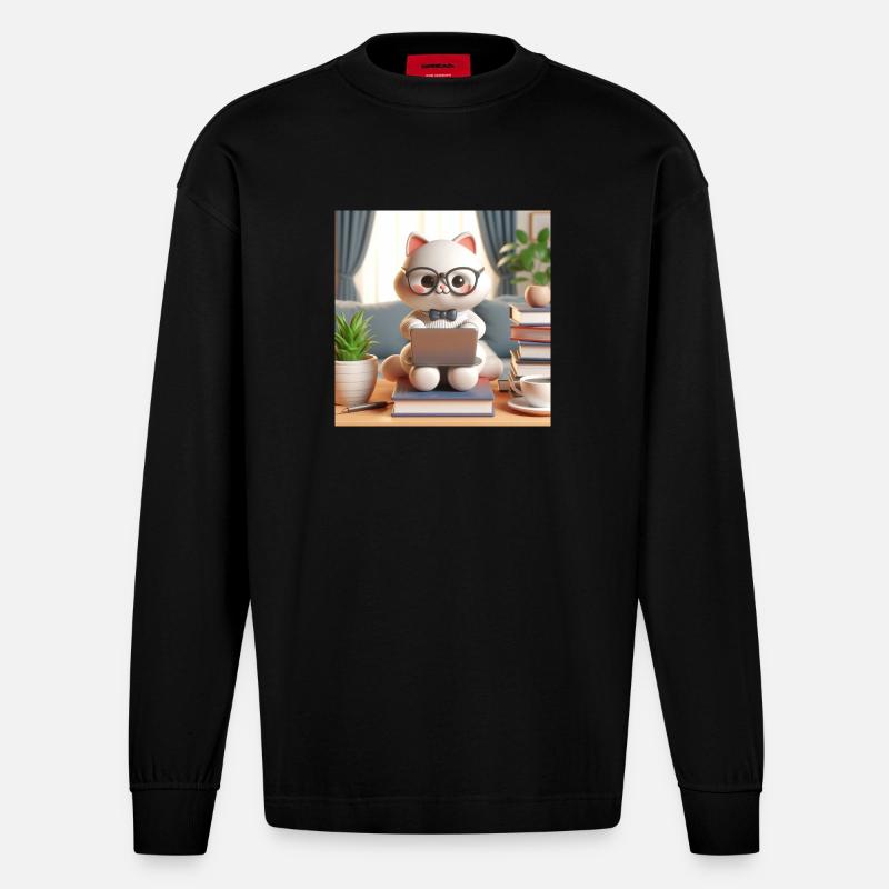 3D-Computer-Katze - Heavyweight Oversized Organic Langarmshirt Made in EU - SOLID BLACK