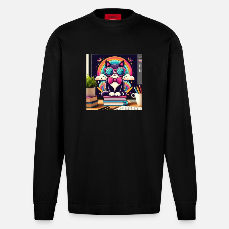 Studious cat with glasses - Heavyweight Oversized Organic Longsleeve Shirt Made in EU - SOLID BLACK