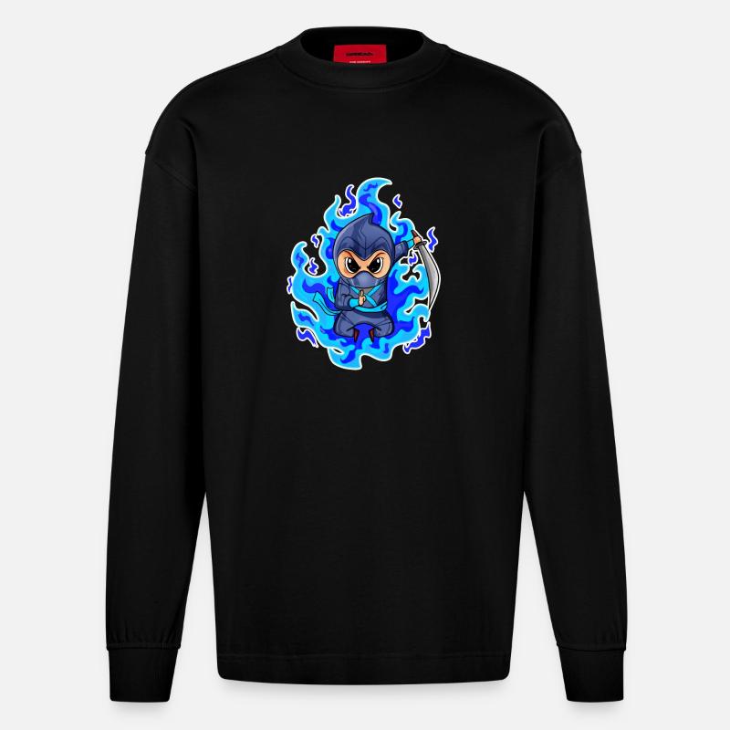Motif Ninja Bleu Feu - Manches longues bio épais oversize fabriqué en UE - SOLID BLACK