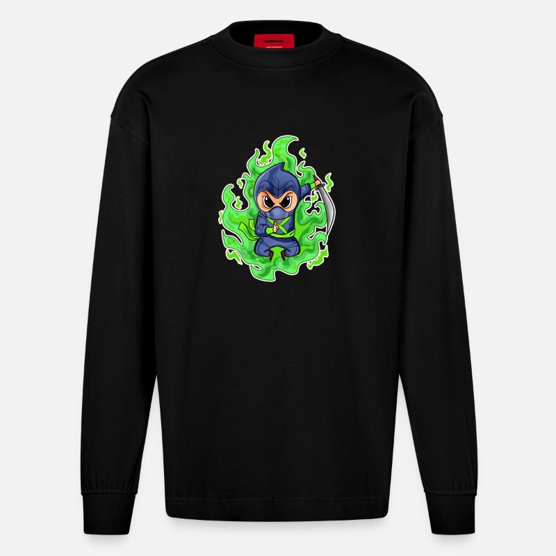 Motif Ninja Vert Feu - Manches longues bio épais oversize fabriqué en UE - SOLID BLACK
