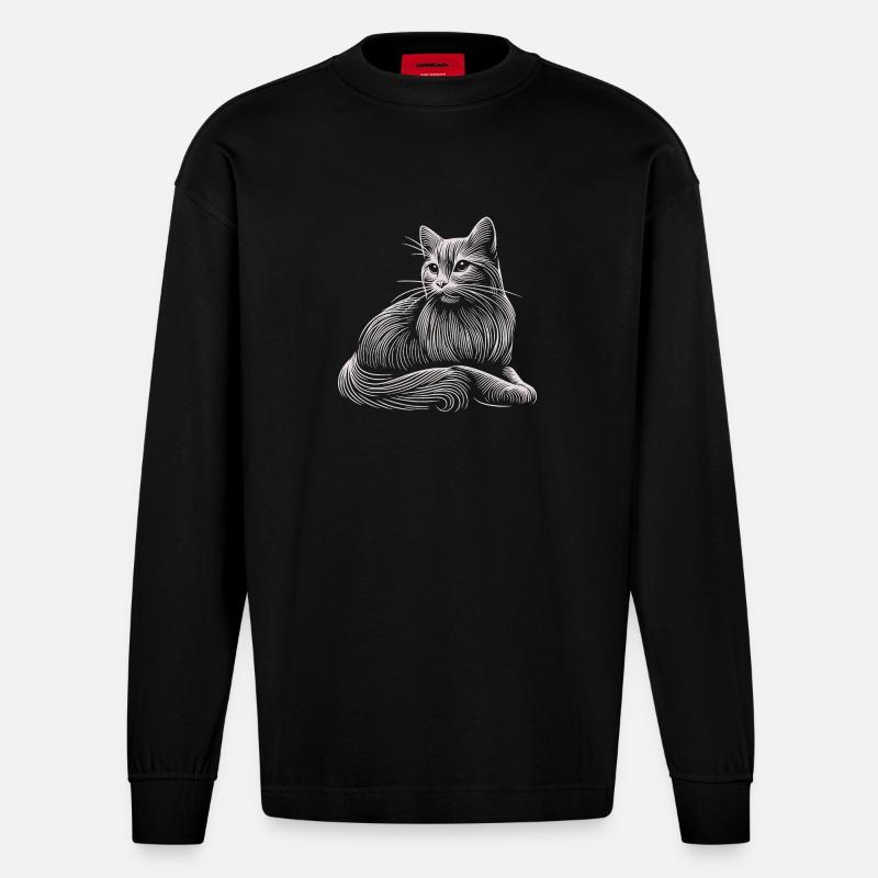 White Cat Patterns Light Strokes - Heavyweight Oversized Organic Longsleeve Shirt Made in EU - SOLID BLACK