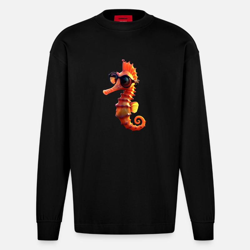 Seepferdchen Aquarist Angler Süßes Seepferdchen - Heavyweight Oversized Organic Langarmshirt Made in EU - SOLID BLACK