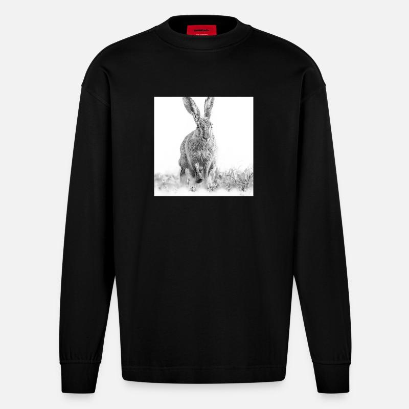 Hoppelnder Hase schwarweiss - Heavyweight Oversized Organic Langarmshirt Made in EU - SOLID BLACK