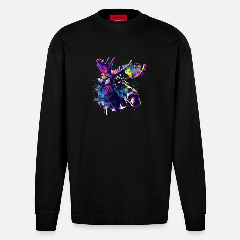 Elch Elche Elchkopf mit Kopfhörer - Heavyweight Oversized Organic Langarmshirt Made in EU - SOLID BLACK