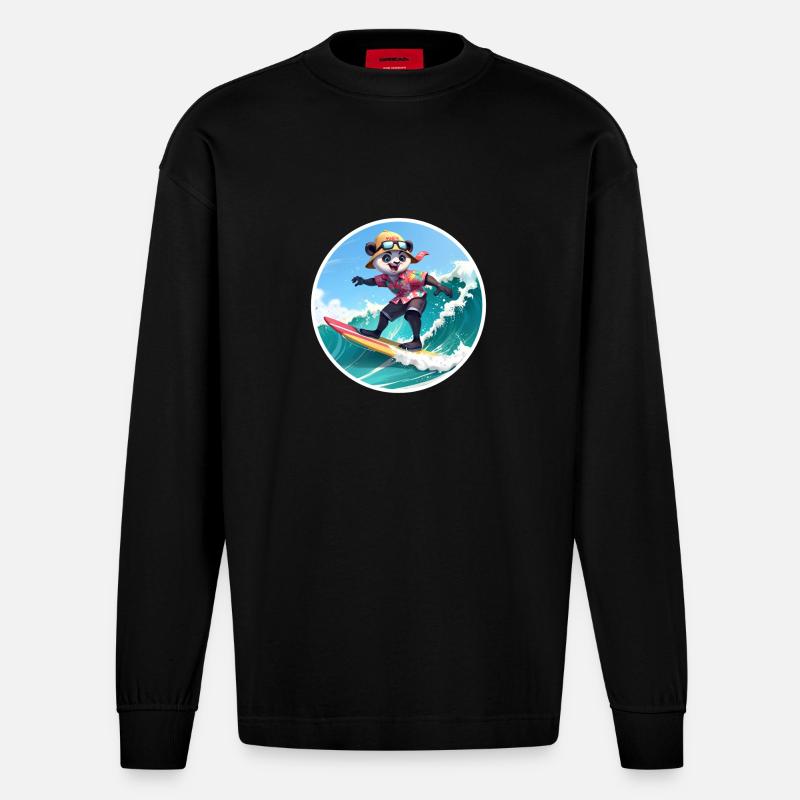 Panda Surfer im Hawaiihemd - Heavyweight Oversized Organic Langarmshirt Made in EU - SOLID BLACK