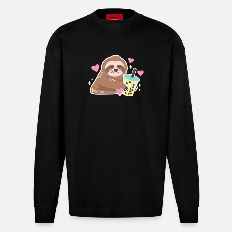 Faultier Boba Bubble Tea - Heavyweight Oversized Organic Langarmshirt Made in EU - SOLID BLACK
